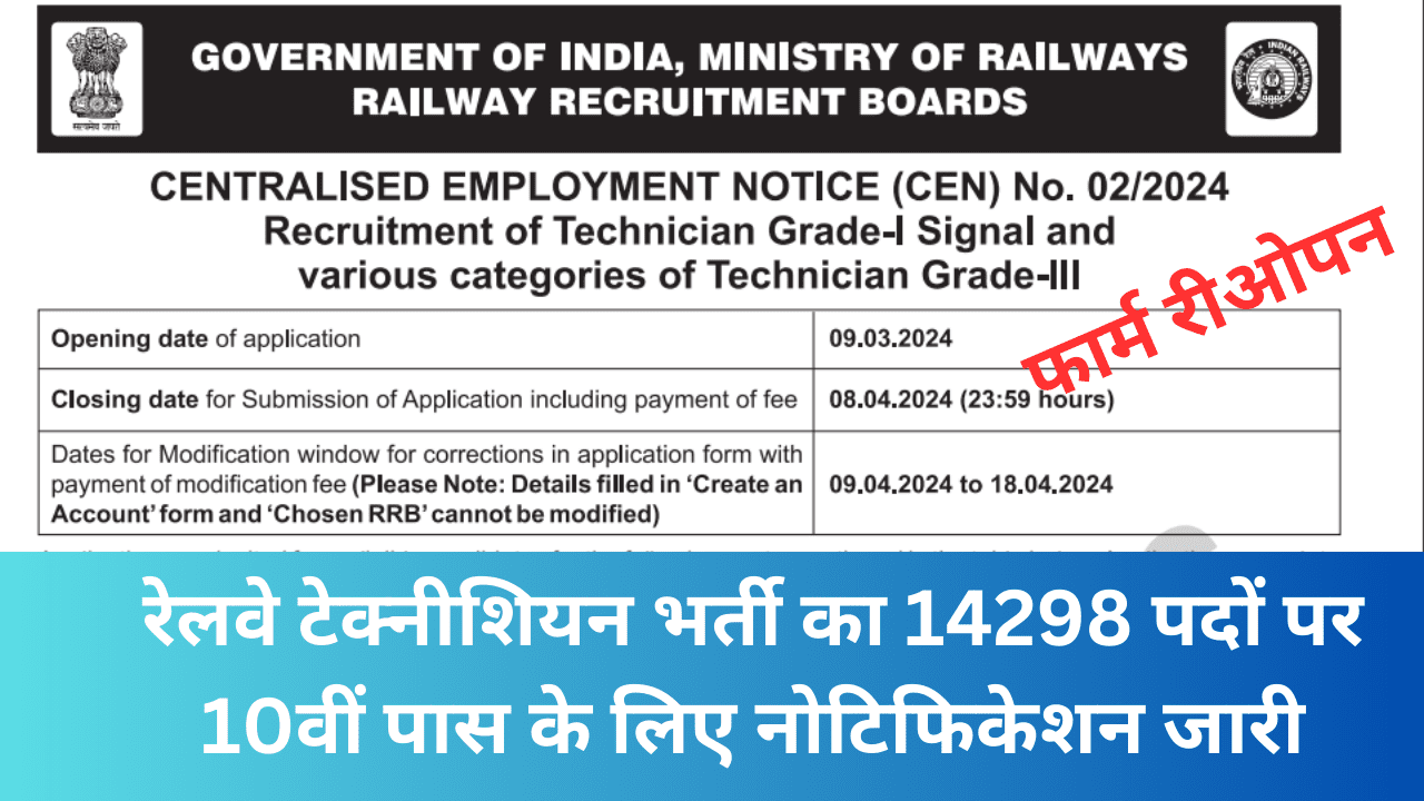 Railway Technician Vacancy: रेलवे टेक्नीशियन भर्ती का 14298 पदों पर 10वीं पास के लिए नोटिफिकेशन जारी